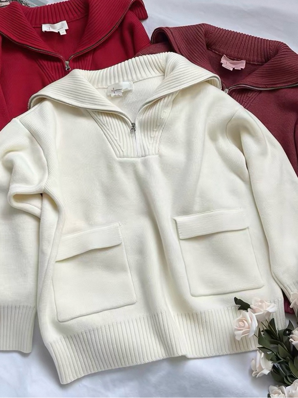 NWT Anthropologie Ivory Half Zip Mock Neck Knit Sweater Size XL